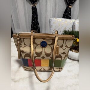Coach Tan Signature Canvas Tote with Multicolor Patch Stripe